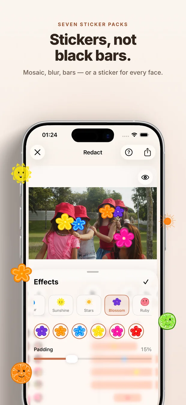 Redact on iPhone: Stickers, not black bars