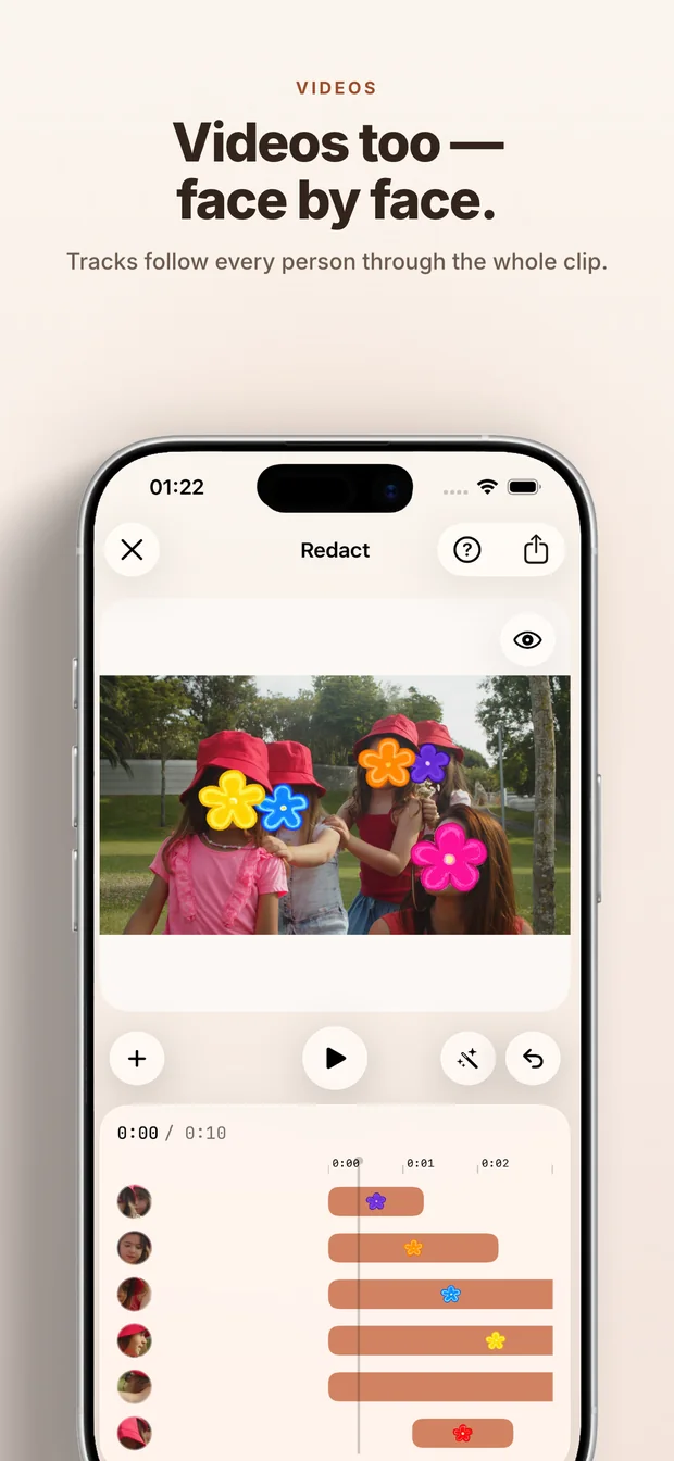 Redact on iPhone: Videos too — face by face